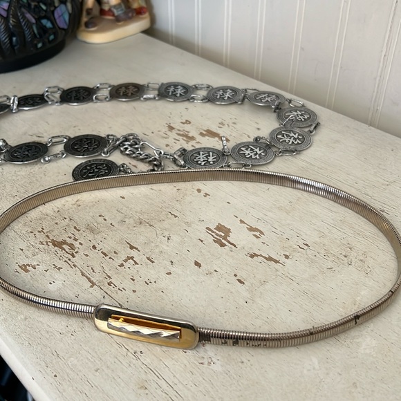 2 vintage MCM Chain link Asian coin (Hong Kong) & gold expandable belts